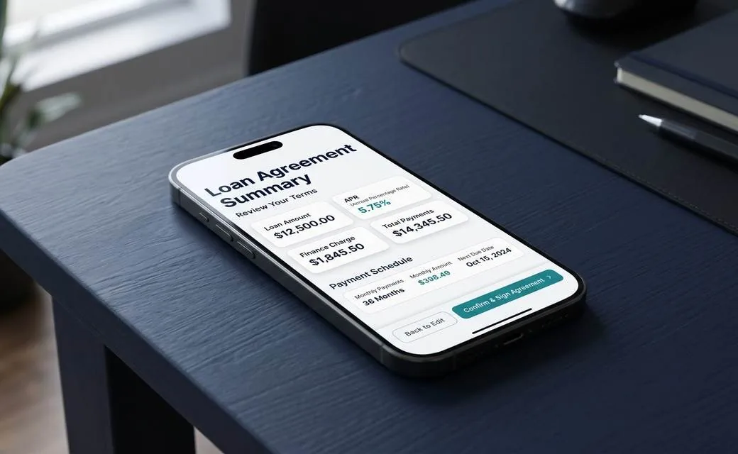 Loan agreement summary shown on a smartphone